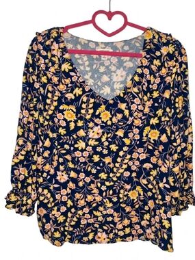 Goodthreads Navy Floral V-Neck Blouse - Yellow & Pink Flowers